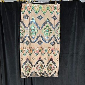 Cream and Blue Embellished Pencil Skirt